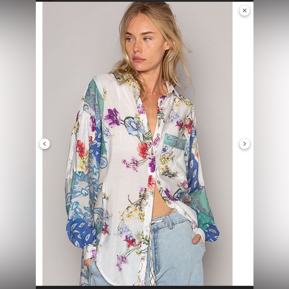 53. Nwot Pol Floral Patchwork Button Front Blouse - image 4